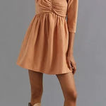 Anthropologie Forever That Girl Puff Shoulder Babydoll Linen Blend Mini Dress in Dusty Rose Photo 0