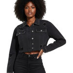 Forever 21 Studded Distressed Cropped Denim Jacket Womens M Black Grunge Punk Photo 0