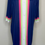 Vintage Button Front Nylon Robe Blue Pink Lime Green White Stripes Sz Small Photo 0