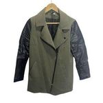 H&M Army Green Trench Coat Faux Leather Sleeve Asymmetric Zip Moto Jacket Sz 10 Photo 0