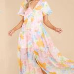 Aakaa Boutique Floral Pastel Short Sleeve Button Front Chiffon Maxi Dress Small Photo 0