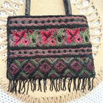 Vintage Black Satin Red Floral Top Handle Evening Bag Beaded Fringe Small Boho Photo 6