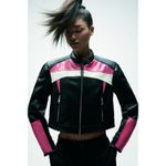 ZARA  Black Pink Motorcycle Biker Jacket Size Large Vegan Leather Grunge Gothic Photo 12