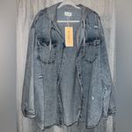 Risen NWT Women's Hooded Oversized Denim Jacket Distressed W/Zip + Button Photo 3