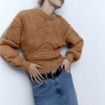 ZARA Wool Brown Chunky Crochet 3D Open Knit Balloon Sleeve Pullover Sweater sz S Photo 2