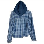 American Eagle Womens Cropped Flannel Button Down Sz XL Hooded Distressed Photo 2