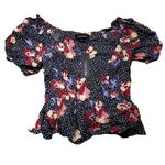 Yumi Kim  Jessa Black Red Floral Crop Top Puff Sleeve Cropped Size 0 Peasant Photo 0