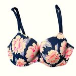 VS PINK Wear Everywhere Lightly Lined Roses Floral Bra Size 34D Navy Blue White Photo 2