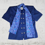 Vintage 1980s Blue Paisley Leslie Fay 3 Piece Skirt Blouse Scarf Set Size 10 Black Photo 1