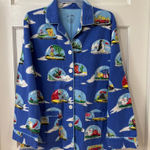 Nick & Nora USA Snow Globe Pajama Top Flannel Button Up Blue Travel Holiday Sz S Photo 0
