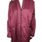 Denim & Co . Zip Front Twill Jacket Faux Fur Trimmed Hood Wine Medium NWOT Photo 3