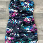 EXPRESS  Navy Floral Ruched Satin Sleeveless Dress S35 Photo 0