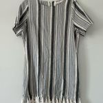 Ellison  Grey White Linen Stripe Short Sleeve Shift Dress Tassel Trim M Photo 0