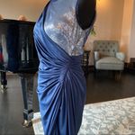 Adrianna Papell 🛍️ Ink Navy Blue Jersey Sequin Dress Gown Side Slit Size 14P Photo 4