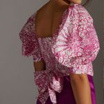 Anthropologie Maeve by Tie-Back Printed Crop Top Nuuly Pink White Puff Sleeve Sm Photo 2