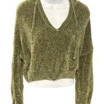 Olive Green Nikka K Chenille Knit V Neck Drawstring Hooded Crop Pullover Hoodie Size M Photo 0