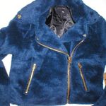 True Religion New NWT $349 Womens Faux Fur Moto Jacket S Dark Navy Blue Gold Photo 2