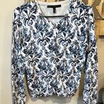 White House | Black Market Blue and White button long sleeve Cardigan Photo 0