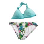 Mudd Teal‎ Swimsuit top with tropical print bottoms size Large  beach pool summer Photo 1