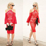 Bardot Mila Lace Dress Cold Shoulder Flare Sleeve Halter Neck Red Cut Out Back 4 Photo 2