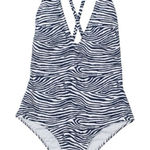 H&M  One Piece Swimsuit Dark Blue Zebra Print Cross Back Size 8 Photo 0