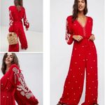 Free People  Boho Embroidered V Neck Red Jumpsuit Photo 2