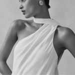 BHLDN  Anthro Nicoletta One Shoulder Removable Scarf White Ivory Satin Midi Dress Photo 10