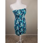 Free People  Strapless Blue & Teal Abstract Print Mini Dress With Smocked Back Photo 6