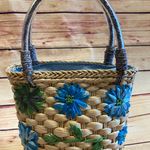Vintage Corn Husk Woven Bag w/ Raffia Florals & Rope Handle Purse Photo 0