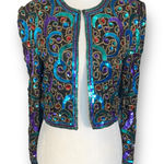 Scala Vintage  Silk Sequin Beaded Collarless Jacket Jewel Tone Crop Glam Petite Photo 0