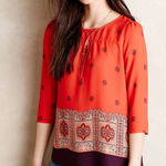 Maeve  Anthropologie Rila Bordered 3/4-Sleeve Top in Red Motif, Size 10 Photo 0