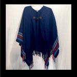 Aerie One Size Cotton Poncho Shawl Blue Red White Stripe Fringe Guaze Clip Boho. Photo 0