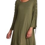 EXPRESS Olive Green Lace Up Bell Sleeve Flowy Dress Photo 0