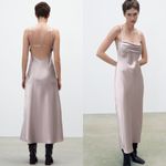 ZARA SATIN LINGERIE STYLE MIDI DRESS Straight Neck Adjustable Thin Straps GRAY XS NEW Photo 1