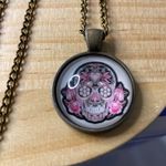Sugar Skull Necklace Bronze Tone Day of the Dead Pendant Halloween 30in Chain Pink Photo 1