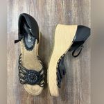 Mudd Y2K Cork Wedge Sandals Heels Size 9.5 Black/Tan Summer Vacation Beach Photo 0