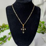 20" Gold Figaro Chain and Black Enamel Cross Pendant New Photo 1