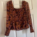 Nine West size medium brown purple floral sheer smocked long sleeve blouse Photo 4