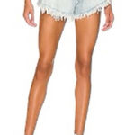 Free People  Harlie Denim Shortie in Mirage Fray Blue Flared Denim Shorts Size 28 Photo 0