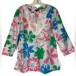 Talbots  Womens Bright Floral 3/4 Sleeve Popover Embroidered V-Neck‎ Top Medium Photo 0