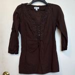 Brown Ruffled 3/4 Sleeve Blouse with Bib Collar Photo 0