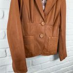 Nine West  Women's 100% Leather Jacket Tan Floral Lining two Button Blazer L Photo 1