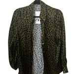 ZARA NWT Pajama Style Animal Print Satin Black Green Button Down Sz M Photo 0