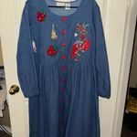 Mosaic Embroidered Denim holiday Dress with Red Buttons Blue Size 16 Photo 10
