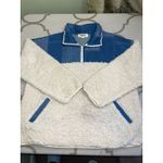 Haptics Good Vibes Denim & Ivory Patchwork Sherpa Half Zip pullover, size large Blue Photo 11