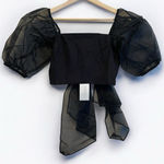 Cleobella Josie Crop Puff Sleeve Blouse Women Size Small Black Bow Smocked NEW Photo 0