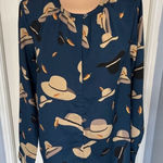 Bass Novelty Hat Print Long‎ Sleeve Teal Blouse Blue Photo 0