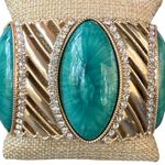 Charming Charlie Large Gold Tone Stretch Bracelet Faux Malachite Rhinestones NWT Photo 0
