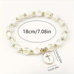 White‎ Stylish Elastic Beaded Cross Charm Bracelet Enamel Oval Cross Bead Accent White Photo 3