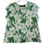 Tahari 100% Linen Top Green White Floral Print Short Sleeve Button Detail Sz M Photo 0